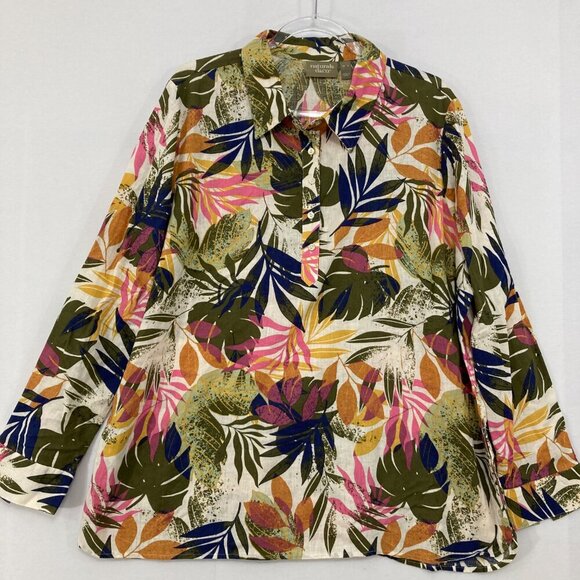 Naturals d&co. size XL Tropical Leaf Print Linen Blend Popover Blouse Vacation - Picture 1 of 11